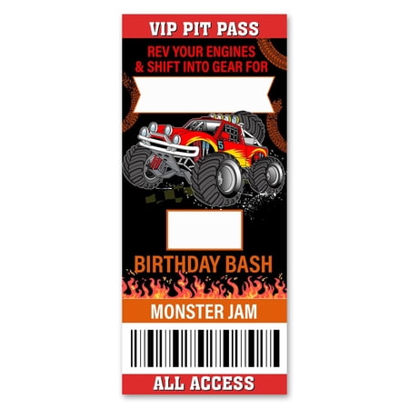 Monster Truck Adventure Invitations - 20 Pack Red Ticket Style Cards with Envelopes for Epic Birthday Celebrations and Thrilling Off-Road Fun! Perfect for Kids' Parties!