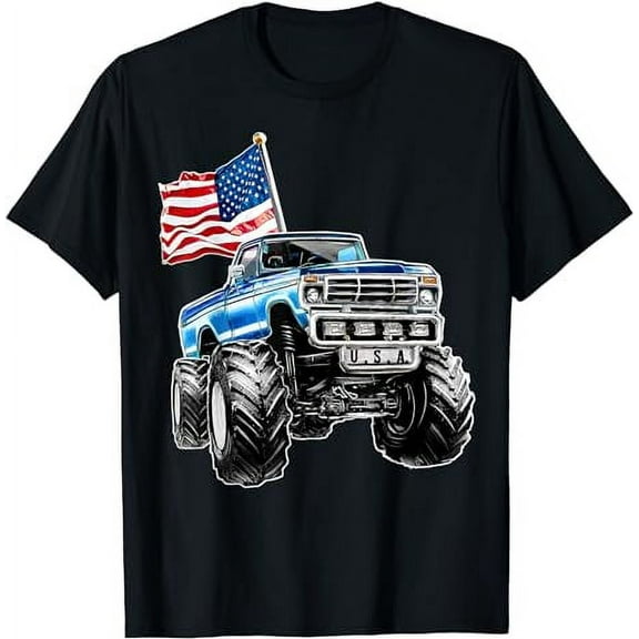 Monster Truck American Flag Patriotic 4th of July Gift Kids T-Shirt