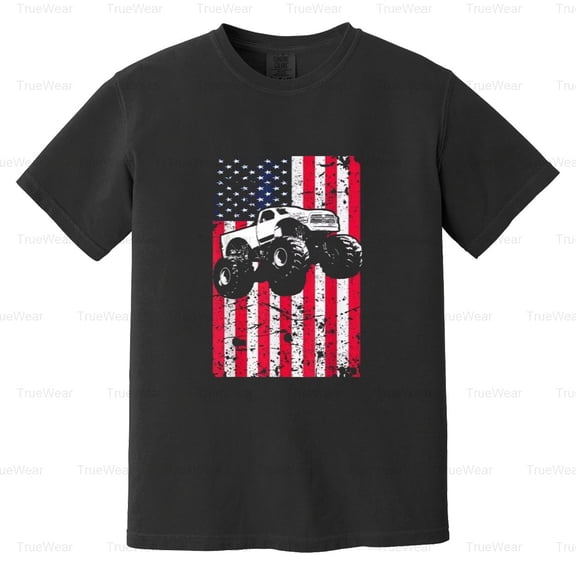 Monster Truck, American Flag, Racing, USA, Patriotic, Big Wheels, Crush Comfort Color T-Shirt Unisex, up to 4XL
