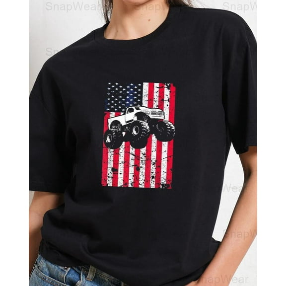 Monster Truck American Flag Racing USA Patriotic Big Wheels Crush T-Shirt Unisex, up to 5XL