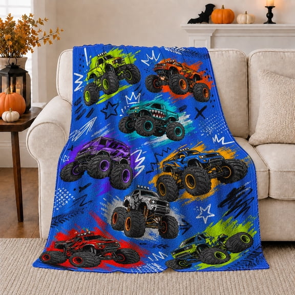 Monster Truck Arena Action, Festive Holiday Scene, Warm Flannel Blanket for Living Room and Family Room with Detailed Artwork, Art Lovers Housewarming Gift, Festive Home Decor