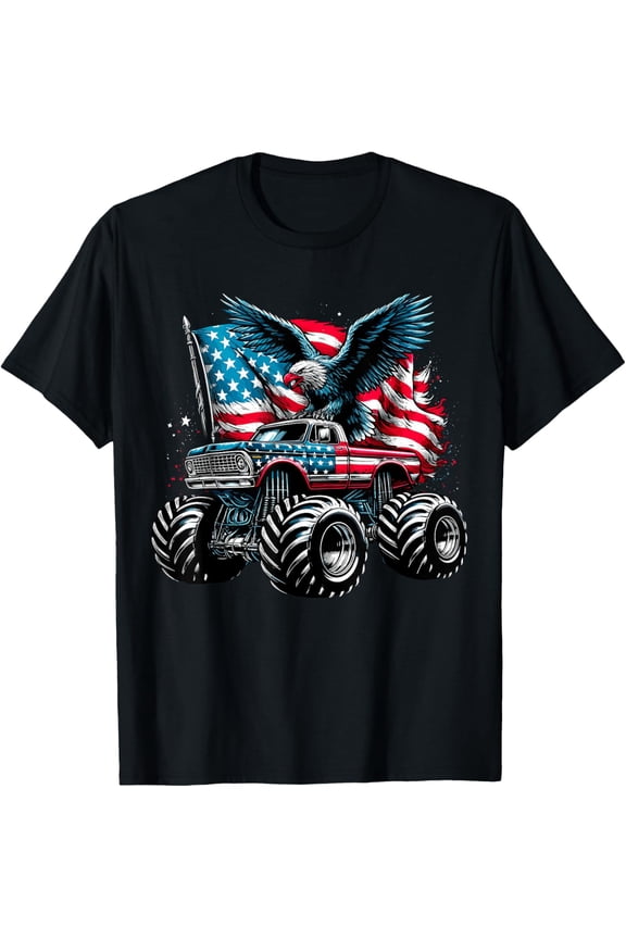 Monster Truck Bald Eagle 4th of July Boys American Flag Gifts Lover Truck T-shirt
