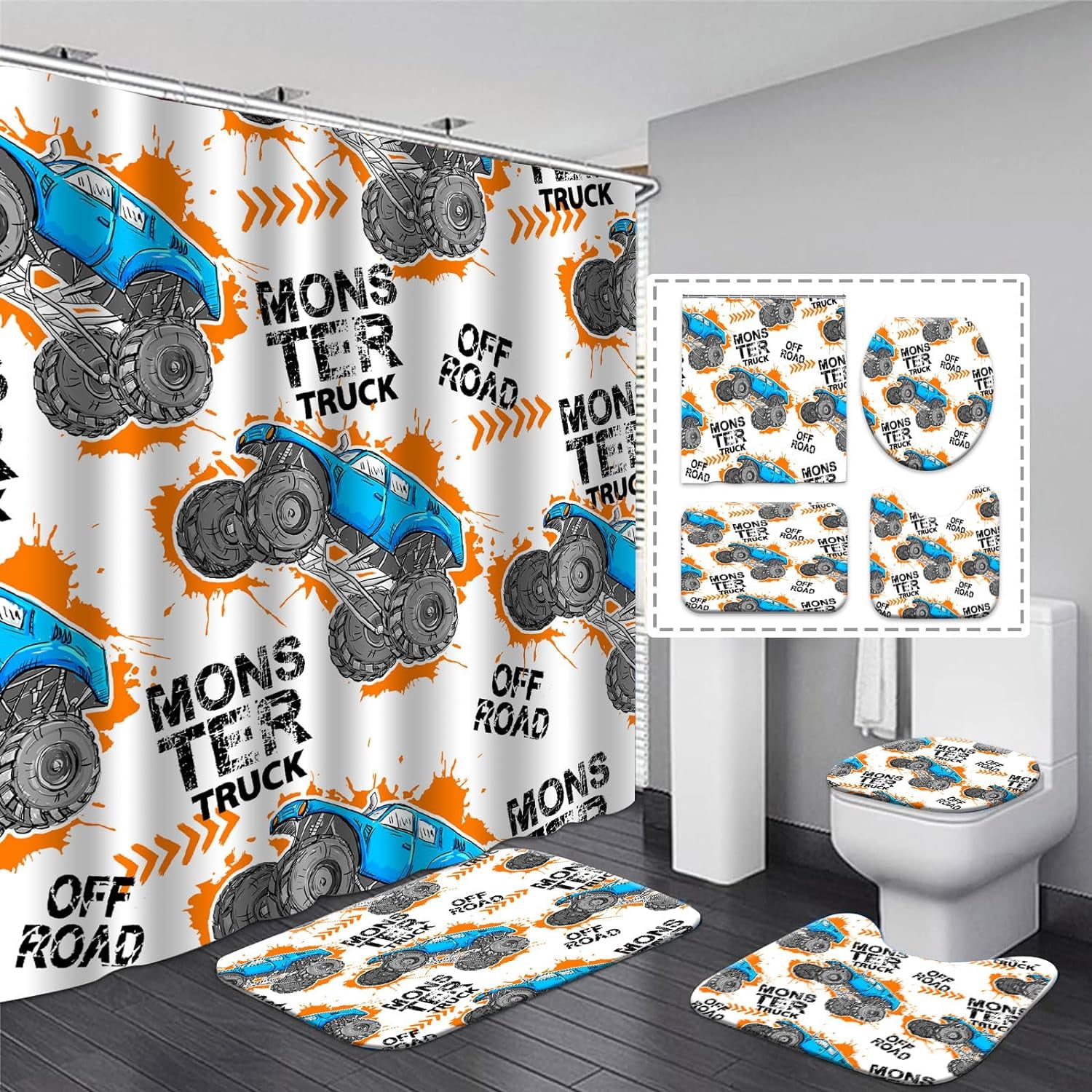 Monster Truck Bathroom Sets Cartoon Monster Truck Shower Curtain Boys ...