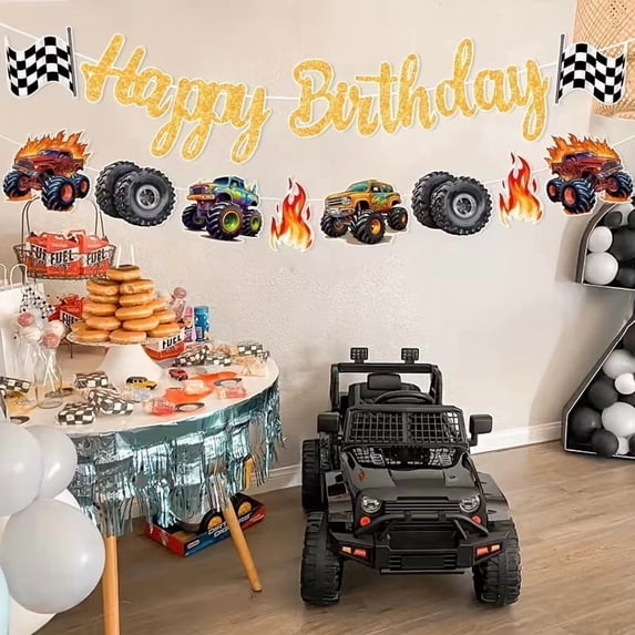 Monster Truck Birthday Banner Set - Off-Road Vehicle Theme Party Decorations for Kids, Perfect for Birthday, Halloween & Christmas Celebrations