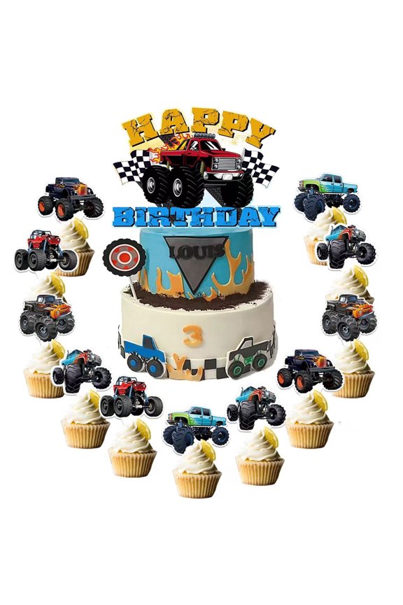 Monster Truck Birthday Cake Decorations Set, 1 Large Cake Topper and 35 Cupcake Toppers