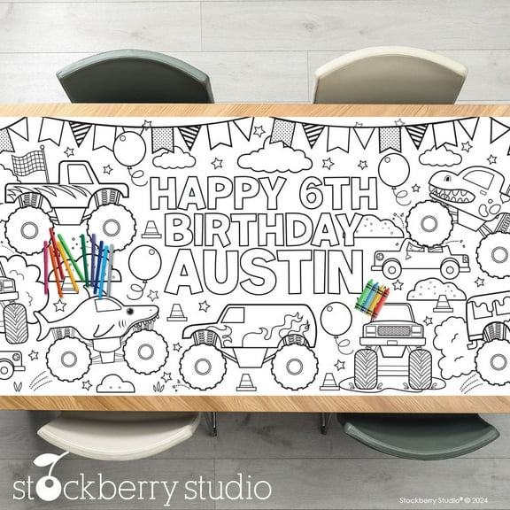 Monster Truck Birthday Party Coloring Tablecloth Decorations
