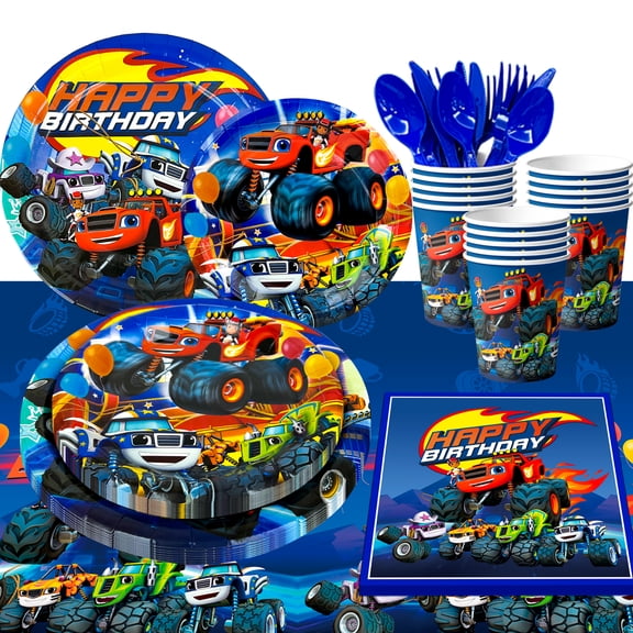 Monster Truck Birthday Party Supplies,113pcs Monster Truck Tableware Set - Monster Trucks Birthday Plates Napkins Paper Cups & Monster Truck Tablecloth etc Monster Truck Party Supplies for Boys Kids