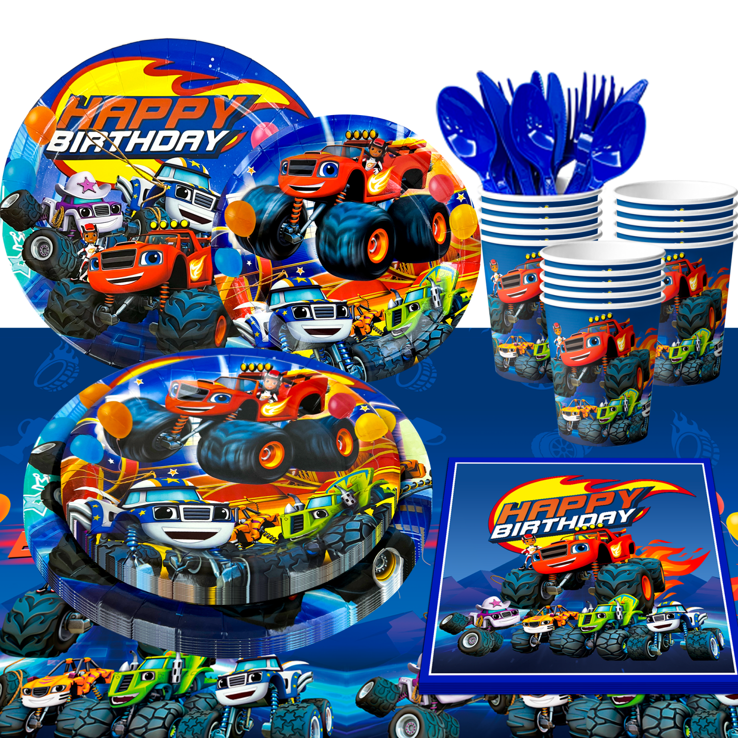 Monster Truck Birthday Party Supplies,113pcs Monster Truck Tableware Set - Monster Trucks Birthday Plates Napkins Paper Cups & Monster Truck Tablecloth etc Monster Truck Party Supplies for Boys Kids