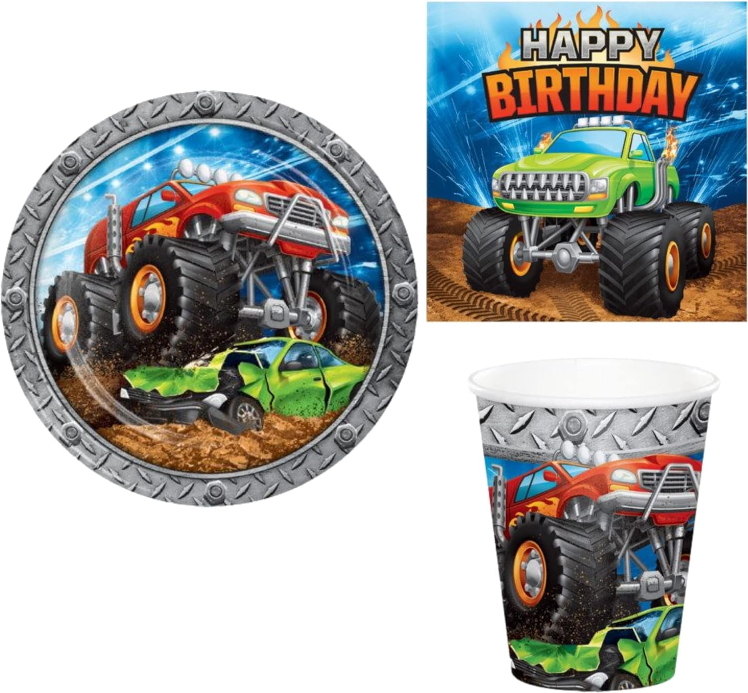 Monster Truck Birthday Party Supply Pack for 16 People Dinner Plates, Napkins, and Cups