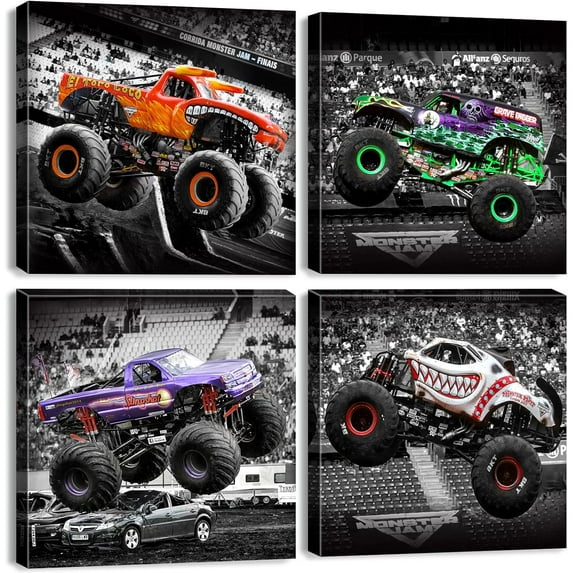 Monster Truck Canvas Wall Art Boys Room Decor Black and White Car Posters Kids Bedroom Nursery Pictures Cartoon Watercolor Racing Vehicle Painting for Teen Boy Room Birthday Party Decorations