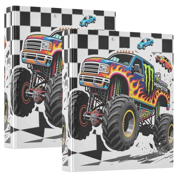 Monster Truck Checkered Round Ring Binder 3 Ring 1.5 inch 200 Sheet Clipboard File Folder for School Office