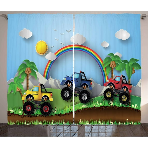 Ambesonne Monster Truck Curtains 2 Panel Set, S Trail Race, 108" x 84", Multicolor