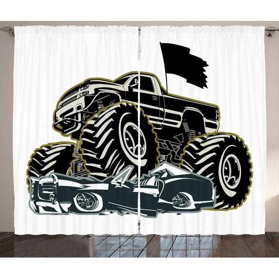 Ambesonne Monster Truck Curtains 2 Panel Set, Rubber Tyre Car, 108" x 63", Charcoal Grey Coconut