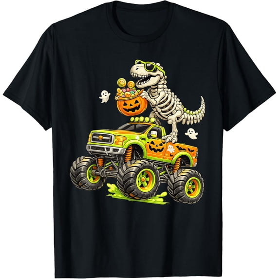 Monster Truck Dinosaur Halloween Skeleton T-Rex T-Shirt