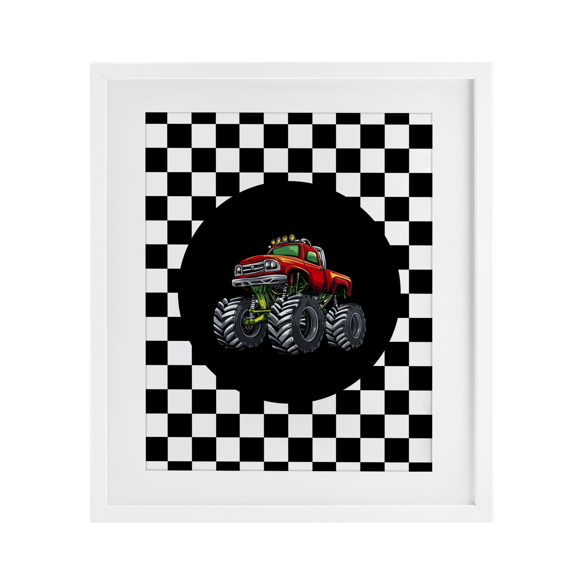 Monster Truck Dude White Framed Print Under Glass, design by Kim Allen