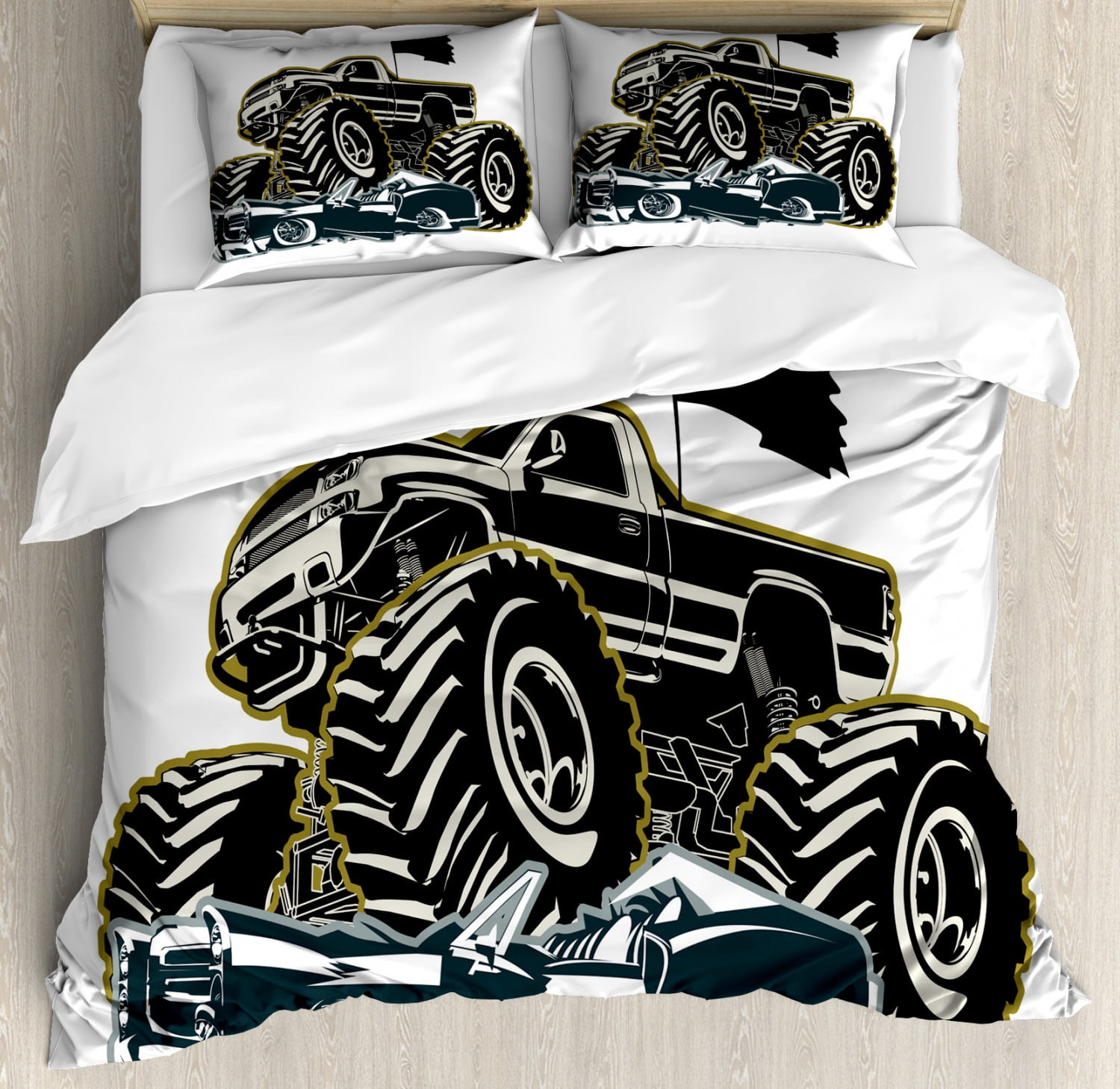 Monster Truck Duvet Cover Set King Size, Rubber Tyre Car Flattening a Vintage Vehicle Graphic Image, Decorative 3 Piece Bedding Set with 2 Pillow Shams, Black Coconut Charcoal Grey, by Ambesonne