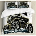thumbnail image 1 of Monster Truck Duvet Cover Set King Size, Rubber Tyre Car Flattening a Vintage Vehicle Graphic Image, Decorative 3 Piece Bedding Set with 2 Pillow Shams, Black Coconut Charcoal Grey, by Ambesonne, 1 of 3