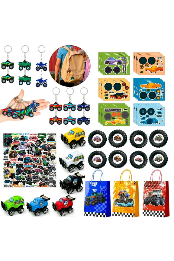 Monster Truck Favors, 110pcs All-In-One Mini Monster Trucks Party Favors Pack Including Monster Truck Theme Keychain Bags Stickers Toys Ring etc Monster Truck Birthday Party Favors for Boys Kids