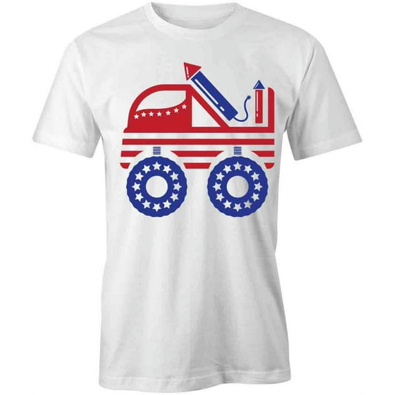 Monster Truck Fireworks T-Shirt | Patriotic American White Tee Gift