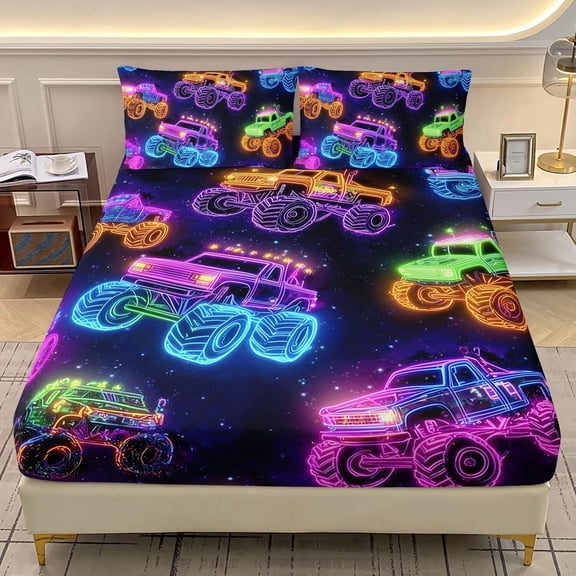 Monster Truck Fitted Sheet Set Twin Size,Cartoon Neon Truck Kids Bedding Set 3-Piece,Galaxy Themed Colorful Fitted Sheet with 2 Pillowcases
