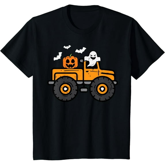 Monster Truck Ghost Pumpkin Halloween Costume Toddler Boys T-Shirt