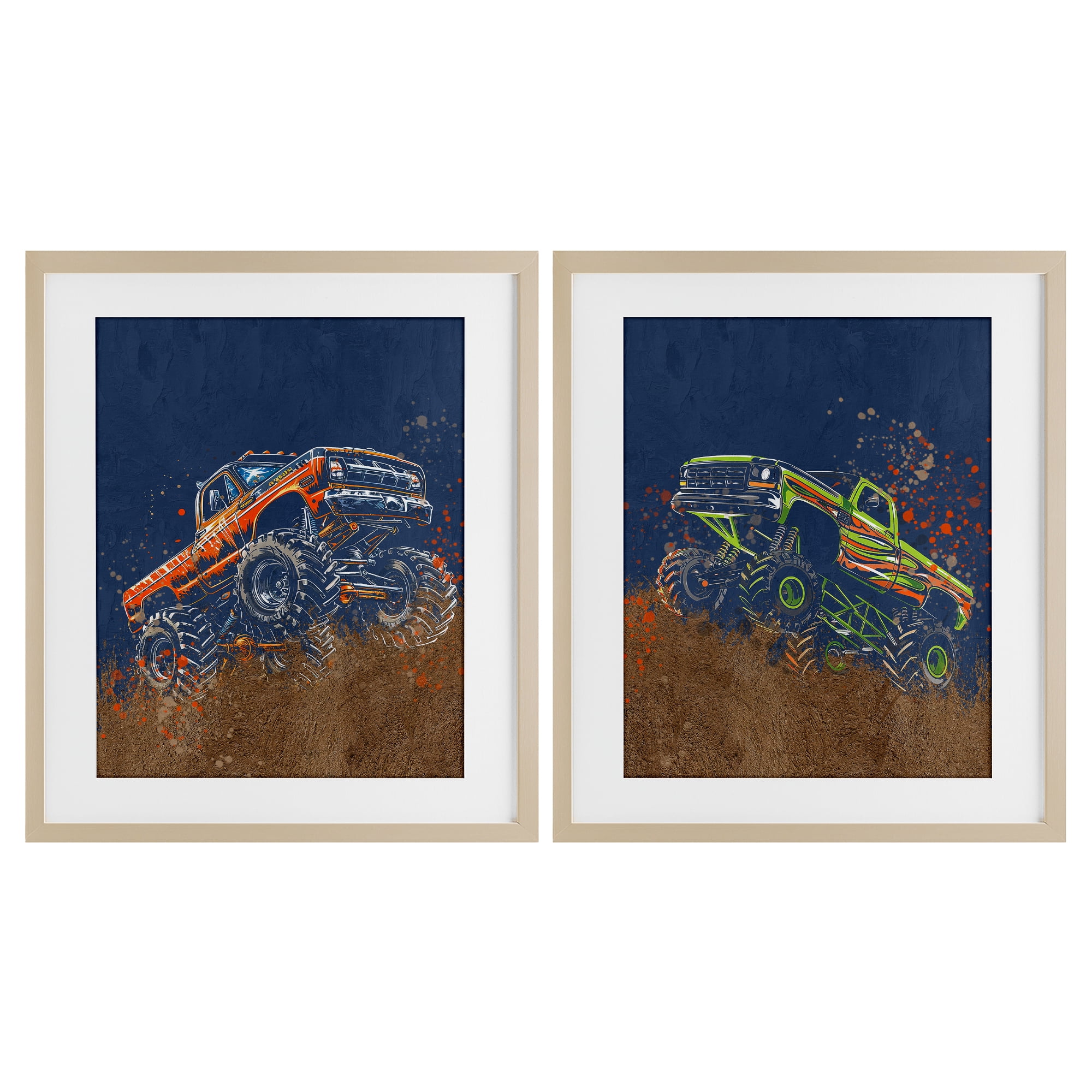 Monster Truck Jam 2 Piece Birch Framed Print Under Glass Set, design by Kim Allen