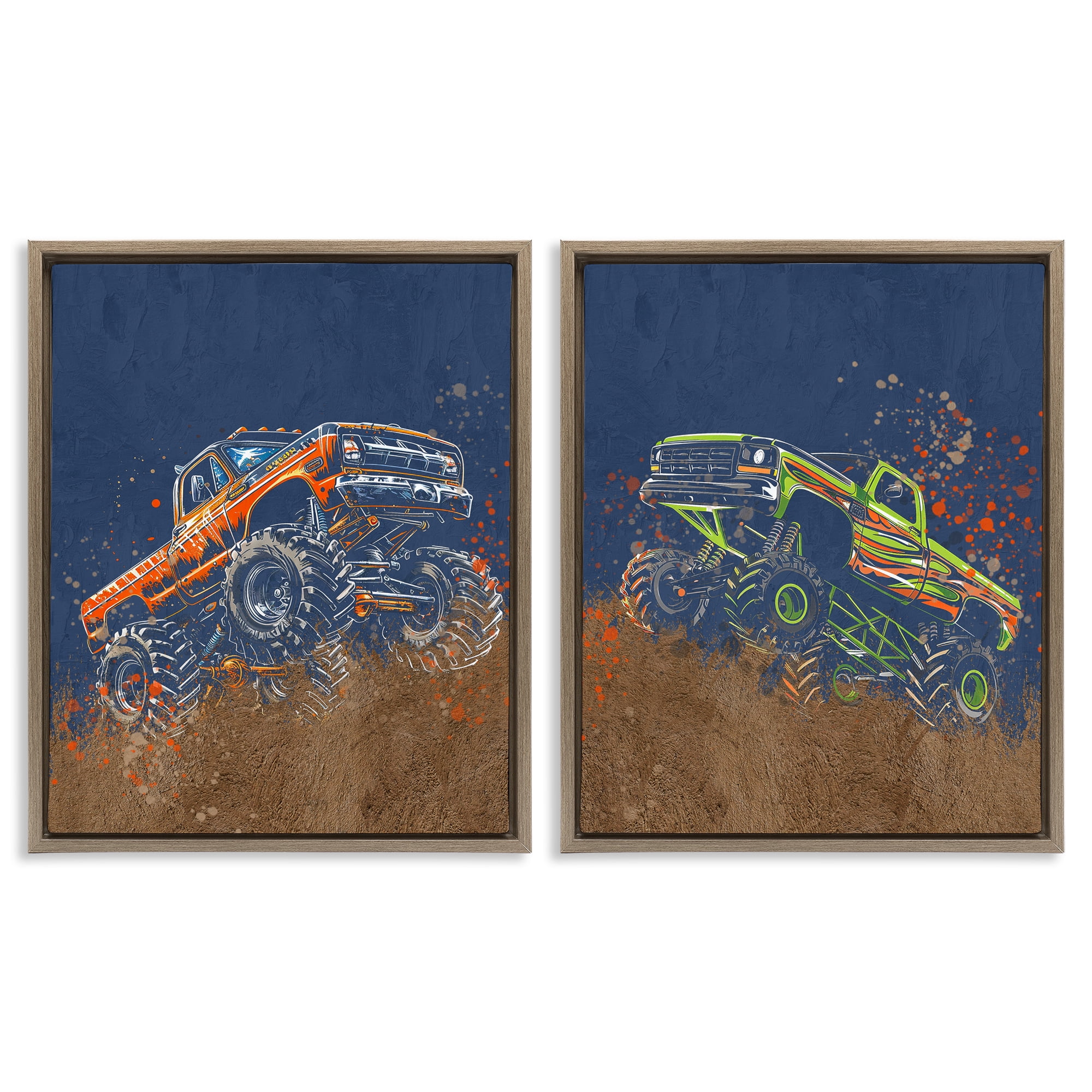 Monster Truck Jam 2 Piece Brown Framed Floater Canvas Set, design by Kim Allen
