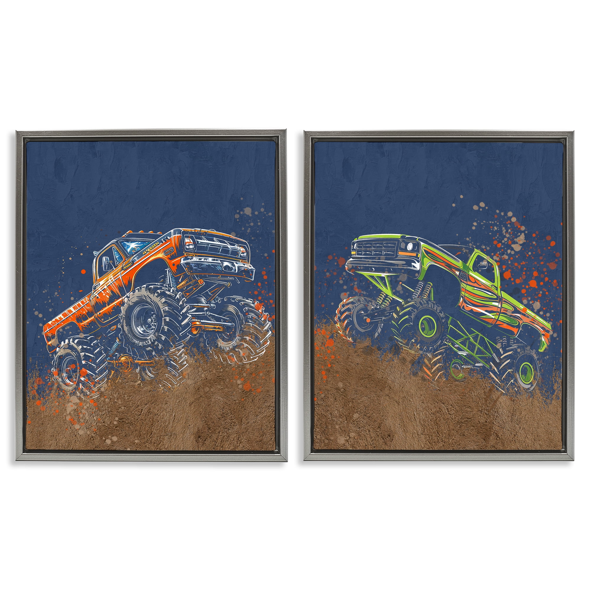 Monster Truck Jam 2 Piece Gray Framed Floater Canvas Set, design by Kim Allen