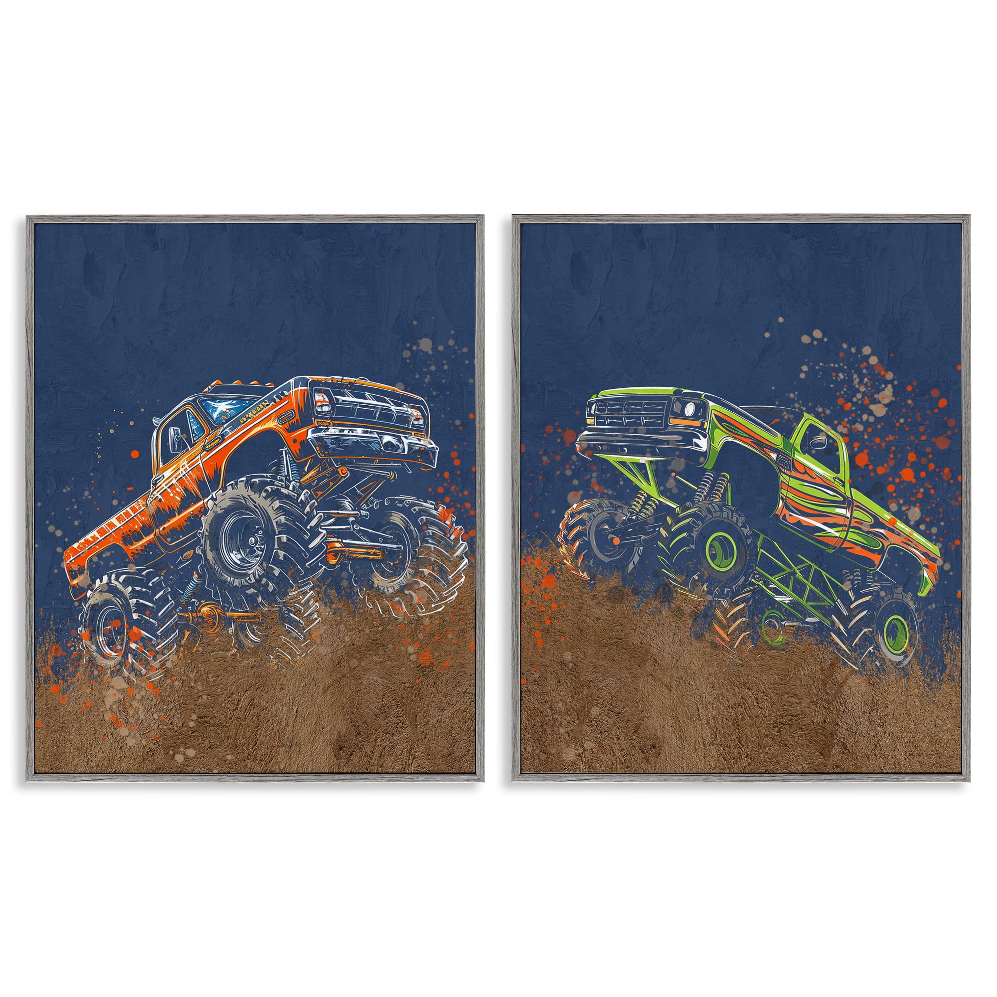 Monster Truck Jam 2 Piece Gray Framed Giclee Art Set, design by Kim Allen