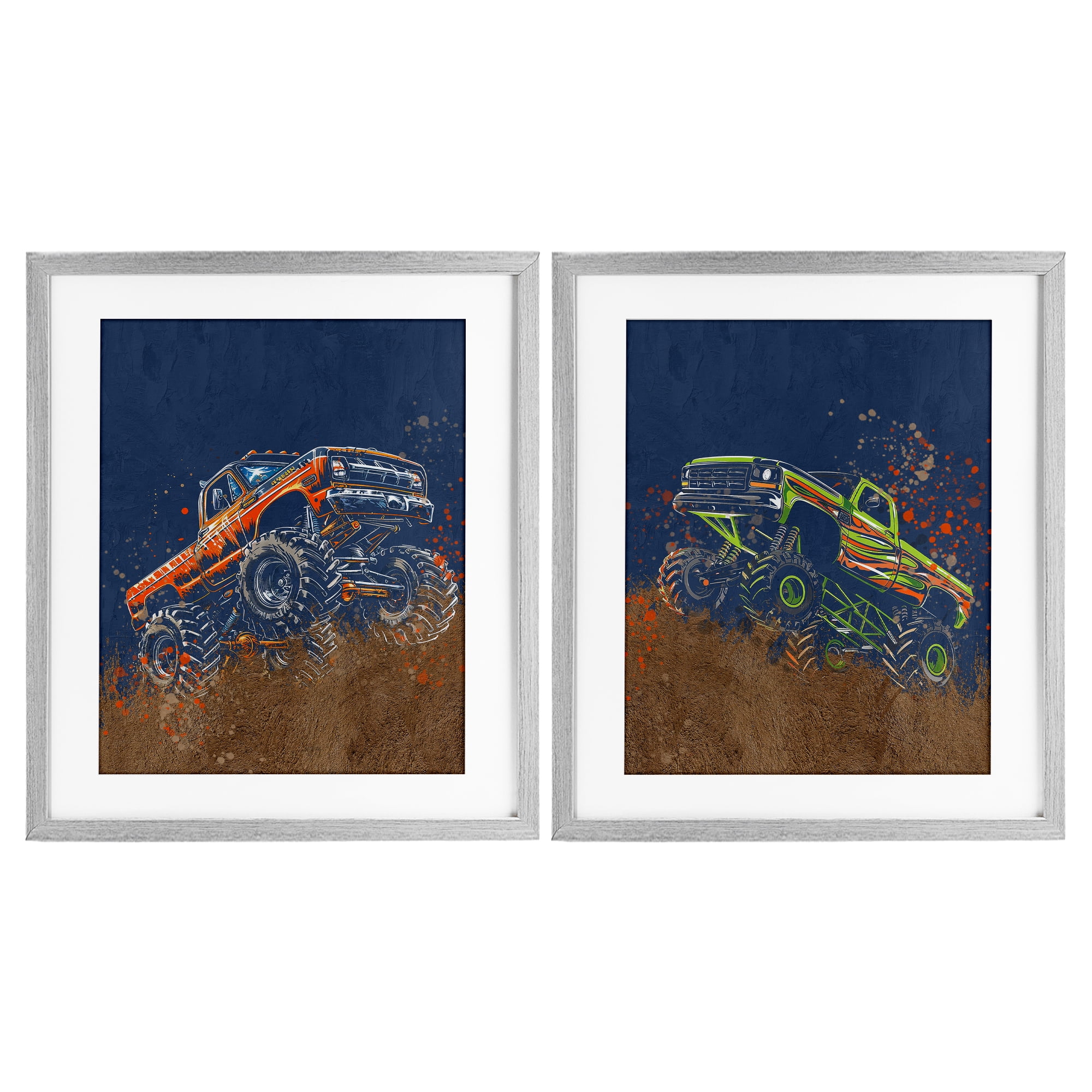 Monster Truck Jam 2 Piece Gray Framed Print Under Glass Set, design by Kim Allen