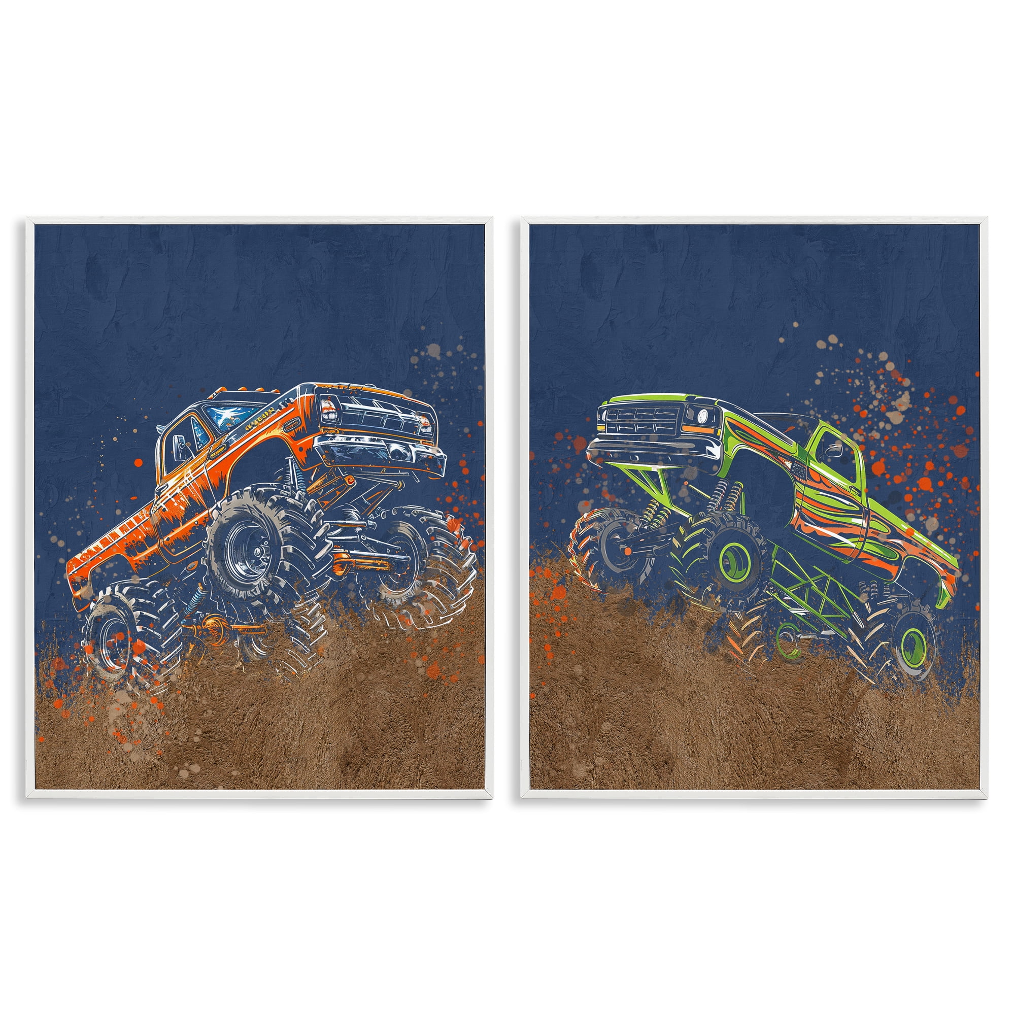 Monster Truck Jam 2 Piece White Framed Giclee Art Set, design by Kim Allen