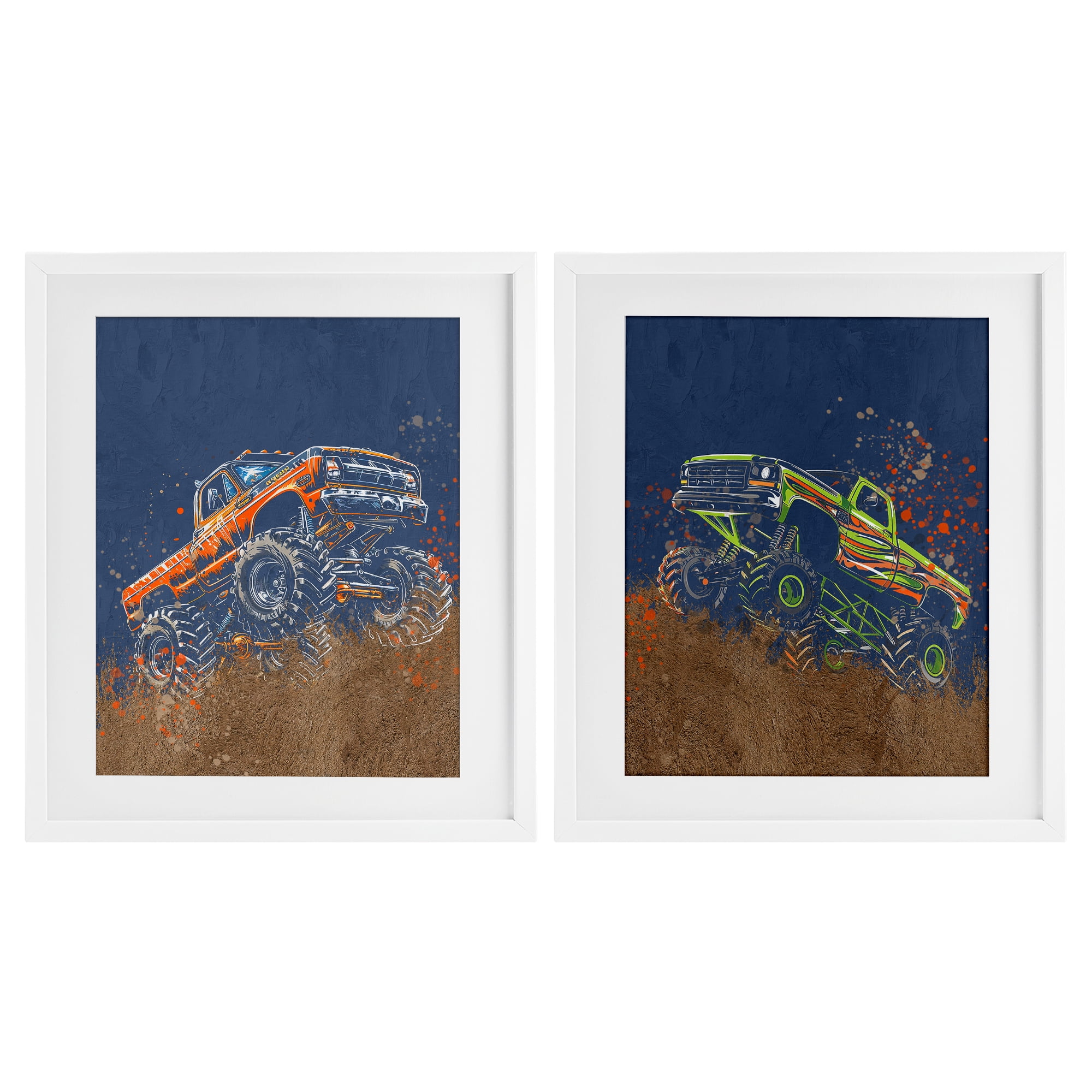 Monster Truck Jam 2 Piece White Framed Print Under Glass Set, design by Kim Allen