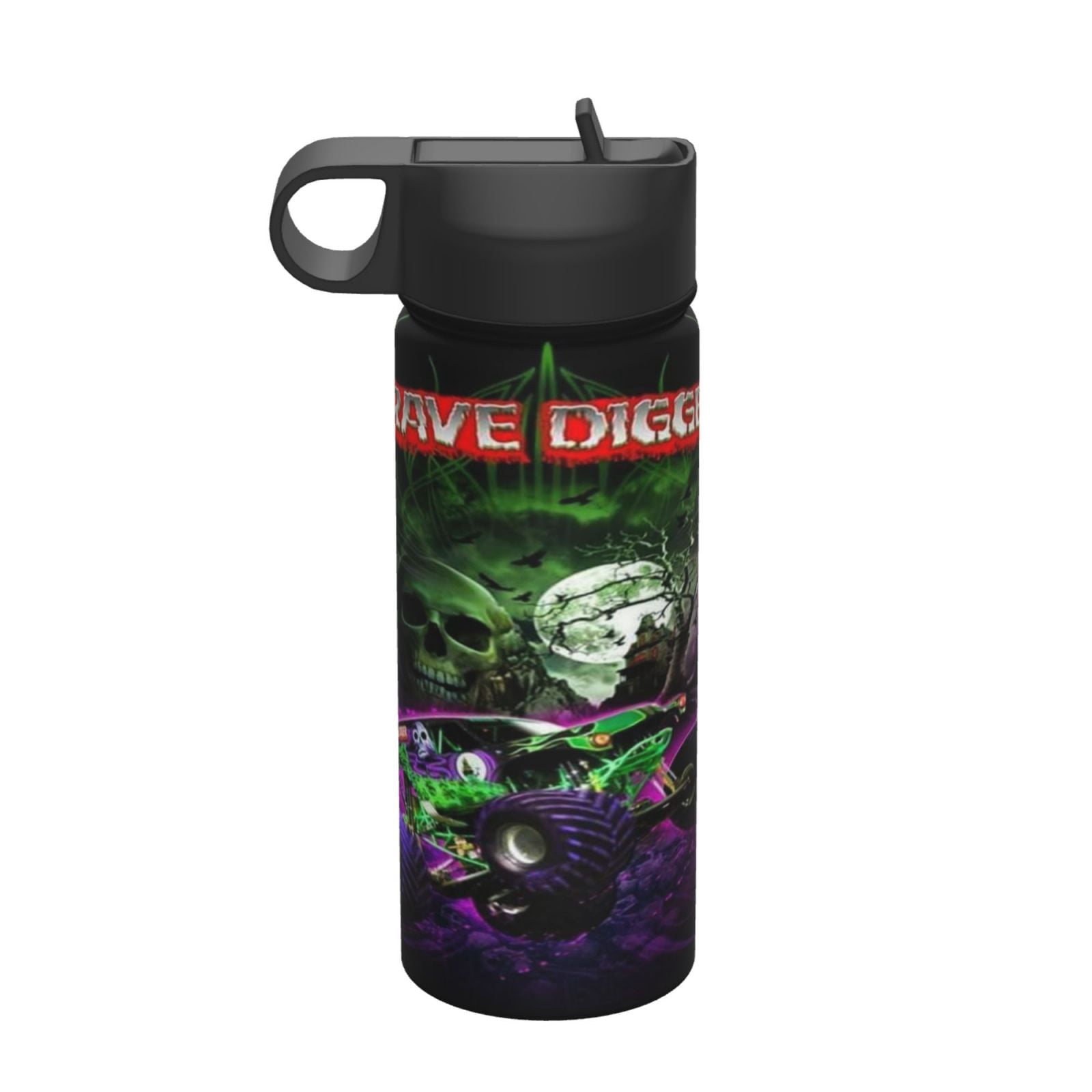 Monster Truck Jam Insulated Stainless Steel Wide Mouth Water Bottle with Flex Straw Lid for kids Sports School and Travel 18oz Cartoon Cute Thermos Reusable Leak Proof