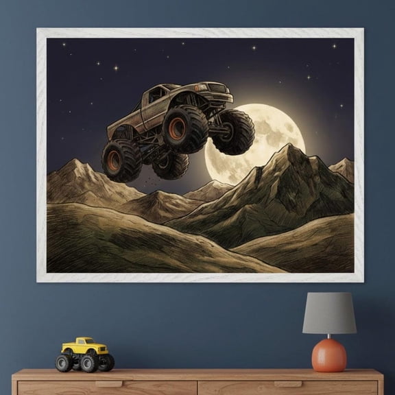 Monster Truck Jumping Mountains Moon Wall Decor Unframed Paper Print