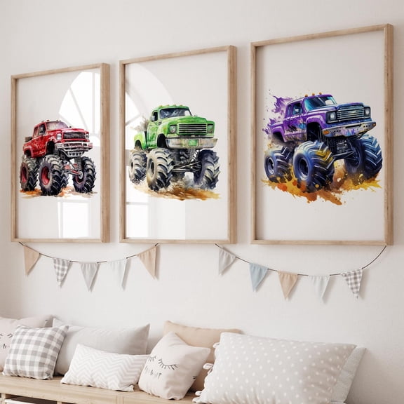 Monster Truck Monster Truck Boys Bedroom Monster Truck Nursery Decor Car Nursery Art Set 3 Stretched Canvas 8x12