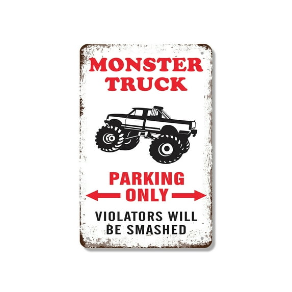 Monster Truck Parking Only Violators Will Be Smashed Vintage 10 Inch x 14 Inch Aluminum Metal Sign Big Tires Big Rules Perfect for Garages Kids Rooms Playrooms Fun Gift for Monster