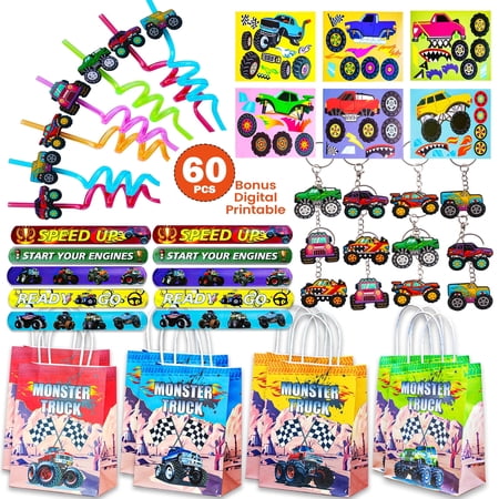 EMPIRE PARTY SUPPLY Monster Truck Party Favor Pack 60 PCS - Candy, Stickers, Bracelets, Keychains for Kids Birthday