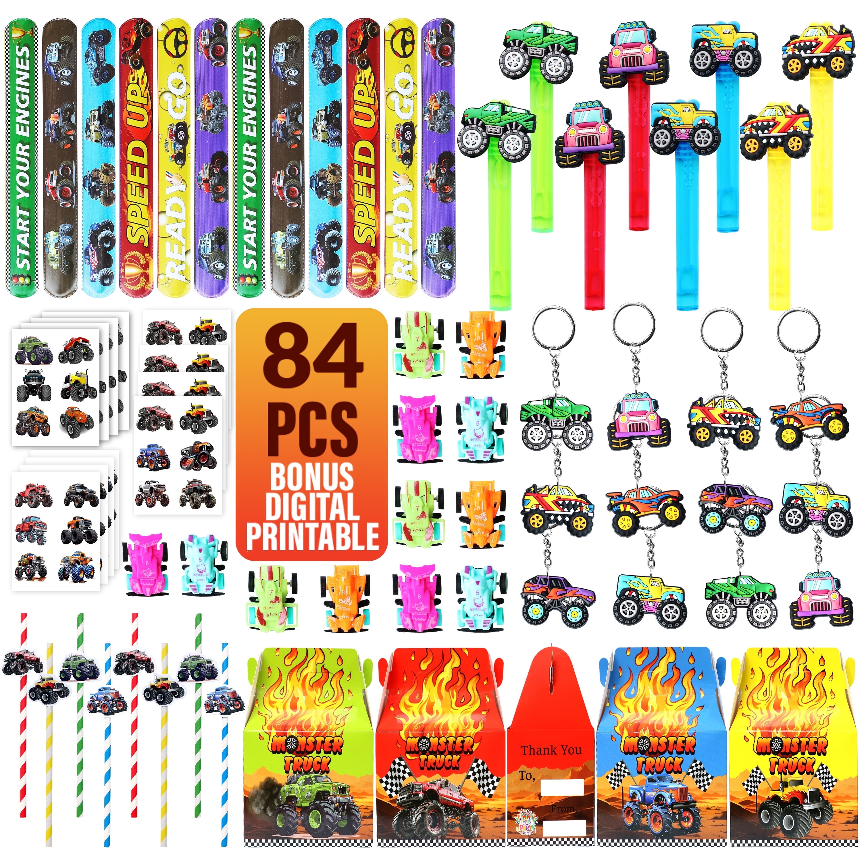 Monster Truck Party Favor 84 PCS Mini Pull Cars Treat Box Slap Bracelets Keychain Bubble Paper Straws Gift Rewards for Kids Birthday Supply