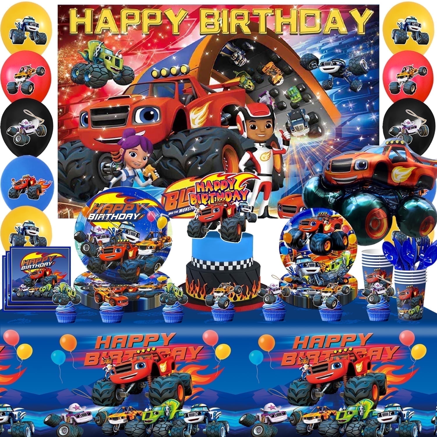 Monster Truck Party Supplies,140pcs Monster Truck Birthday Decorations&Tableware Set-Monster Truck Birthday Plates Cups&Monster Truck Balloons Backdrop etc Monster Party Decorations for Kids