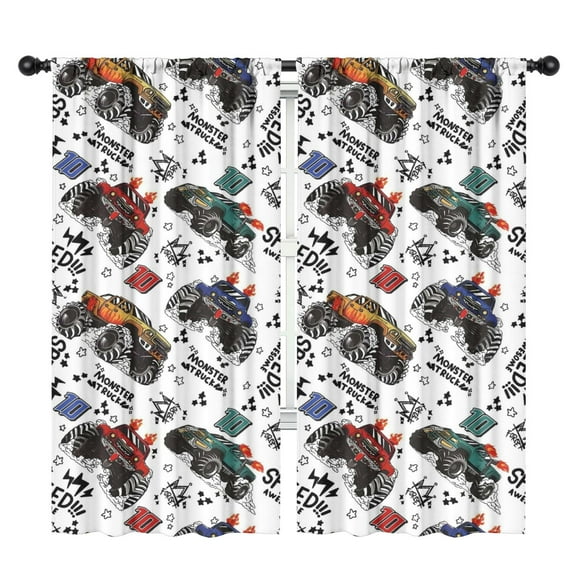 Monster Truck Pattern Blackout Kids Curtains,Childrens Insulated Curtains Set Of 2,Bedroom Essentials,Toddler Room Decor 42x84in(106x213cm)