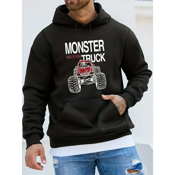 Monster Truck Pattern Print Hooded Sweatshirt, Hoodies Fashion Casual Tops For Spring Autumn, Men's Clothing For Outdoor Activities