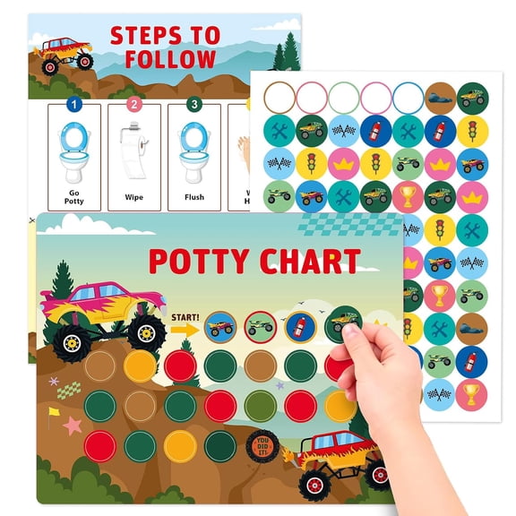 Monster Truck Potty Training Chart for Toddlers, 10 Potty Training Sticker Charts with 280 Reward Stickers, Potty Reward Chart Sticker Chart for Kids, Potty Toilet Training Aid for Boys, Girls