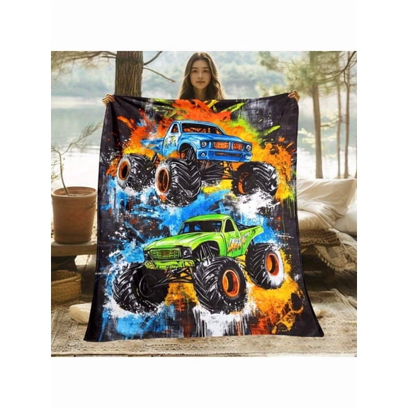 Monster Truck Racing Blanket - Lightweight Flannel Throw with Dynamic Racing Cars Design for All-Season Indoor Outdoor Use