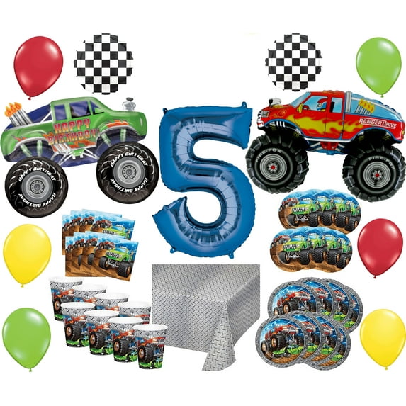 Monster Truck Rally 5th Birthday Party Supplies 8 Guest Decoration Kit with Green and Red Monster Truck Balloon Bouquet