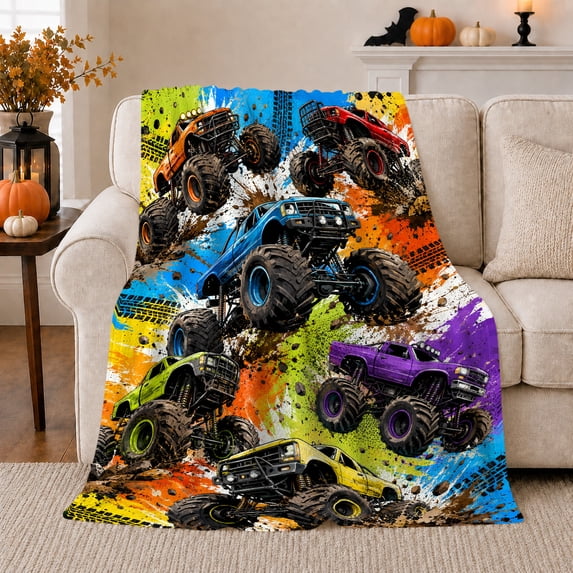 Monster Truck Rally Action Collage Vibrant Colors, Festive Holiday Scene, Warm Flannel Blanket for Living Room and Reading Nook, Art Lovers Friendship Gift, Festive Home Decor