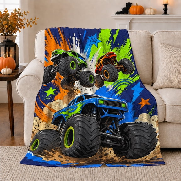 Monster Truck Rally Action Leaping Trucks Vibrant Blue, Dramatic Artistic Scene, Warm Flannel Blanket for Living Room and Bedroom, Art Lovers Housewarming Gift, Artistic Home Decor