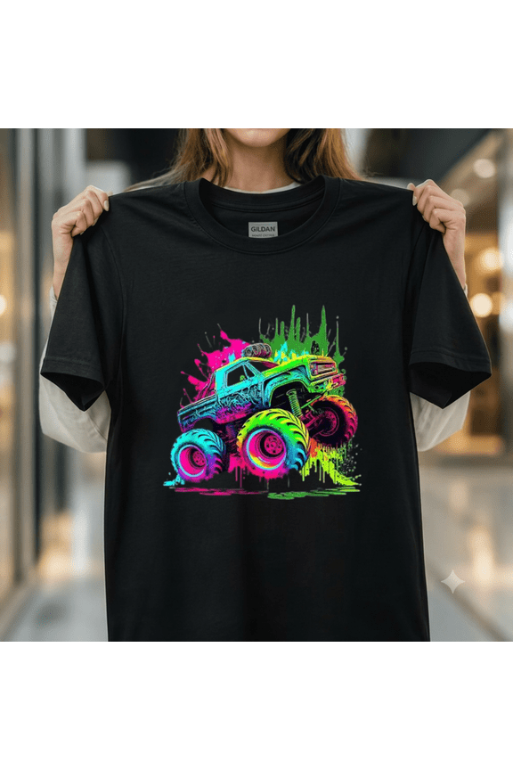 Monster Truck Retro Colorful Graffiti Splatter Youth Kids Adults Unisex T-Shirt, up to size 5XL