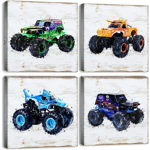 Monster Truck Room Decor for Boys Rustic Car Posters Boys Bedroom Wall Art Kids Monster Truck Canvas Watercolor Vehicle Prints Pictures Baby Nursery Playroom Artwork Birthday Gift 16×16" 4 Pcs