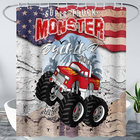 Monster Truck Shower Curtain, American Flag Truck Bath Curtain for Boys,Red Truck Car Bathroom Decor Waterproof Fabric 36" W*72" H Inch with 12 Plastic Hooks