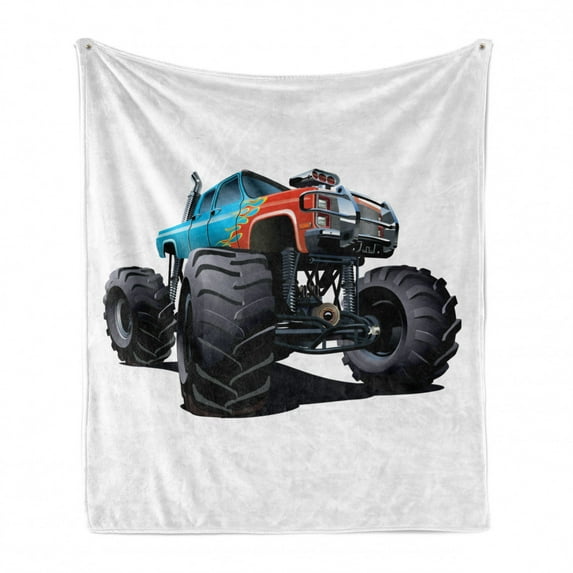 Monster Truck Soft Flannel Fleece Blanket, Offroad Sports Theme Cartoon Monster Truck with Huge Rubber Tires and Bumper, Cozy Plush for Indoor and Outdoor Use, 60" x 80", Multicolor, by Ambesonne